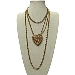 Vintage Kramer Necklace Three Strand Puffed Heart Gold Tone Multi Level unsigned